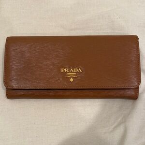 Prada Brown Leather Continental Wallet with Gold Logo